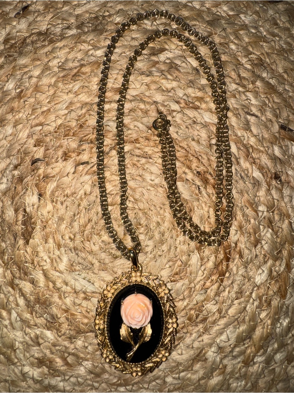 Avon Gold-Tone Cameo Necklace with Pink Rose